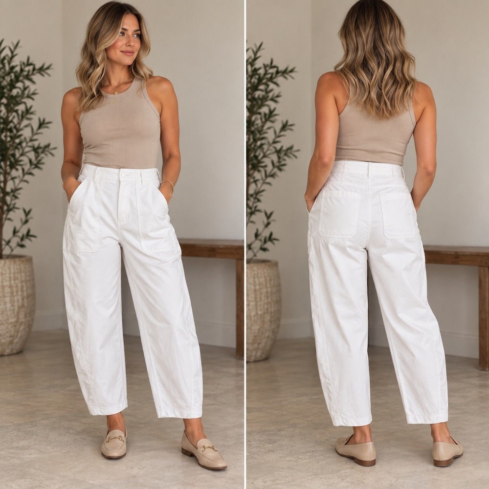 Athleta Skyline High Rise Barrel Leg Pants Womens 12 White Stretch Utility